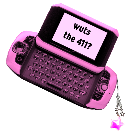 a pink sidekick flip phone with a dangle charm that says 'wuts the 411?' on the screen
